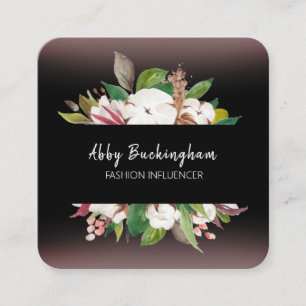 Modern Floral Black with QR Code Square Business Card