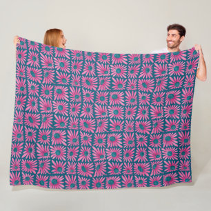 Modern floral block print pink daisy fleece blanket