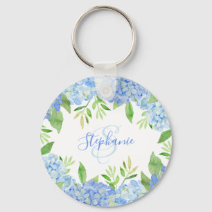 Modern Floral Blue Hydrangea Watercolor Monogram Keychain