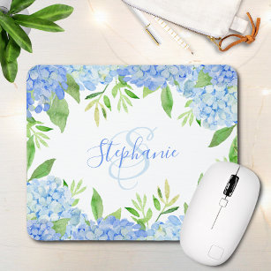 Modern Floral Blue Hydrangea Watercolor Monogram Mouse Pad