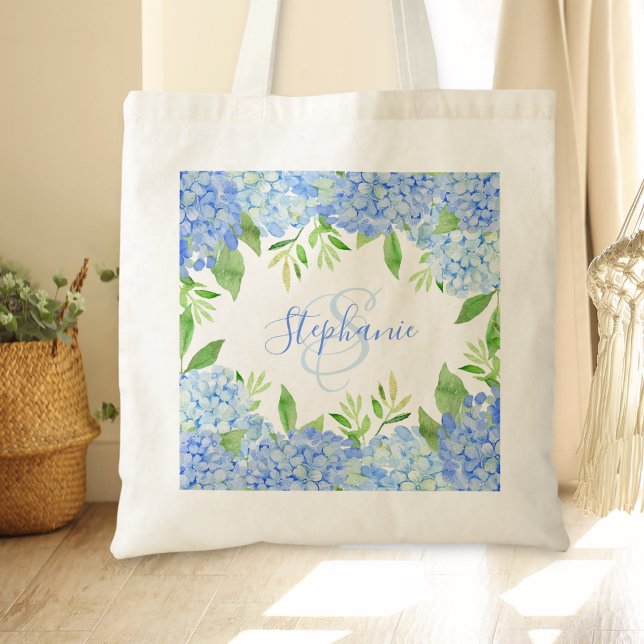 Modern Floral Blue Hydrangea Watercolor Monogram Tote Bag (Creator Uploaded)