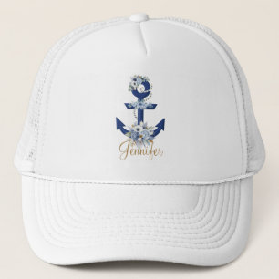 modern floral blue nautical stripes name gold trucker hat