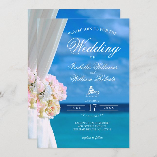 Modern Floral Blue Ocean Beach Wedding Invitation (Front/Back)