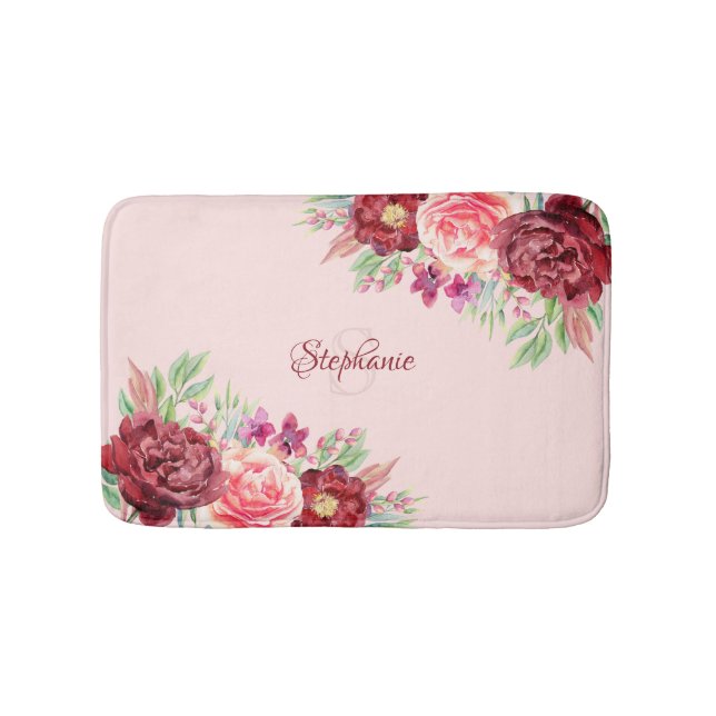 Modern Floral Blush Peach Burgundy Rose Monogram Bath Mat (Front)