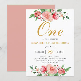 Modern Floral Blush Pink Gold Watercolor Birthday Invitation