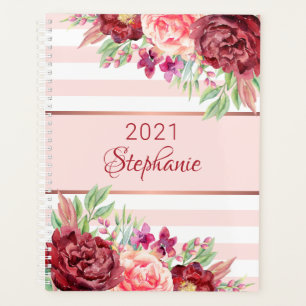 Modern Floral Blush Pink Stripe Personalized Planner