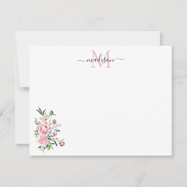 Modern Floral Blush Pink Watercolor Rose Monogram Card (Front)