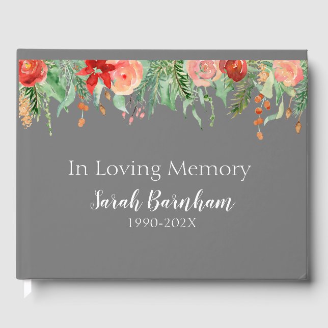 Modern Floral Border on Grey Memorial Guest Book (Front)