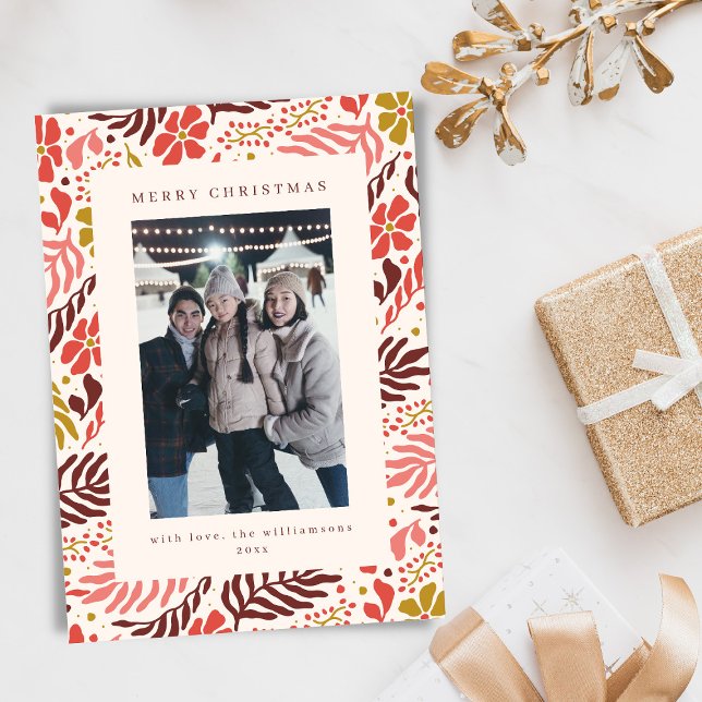 Modern Floral Border Warm Red Christmas Photo Holiday Card (Creator Uploaded)