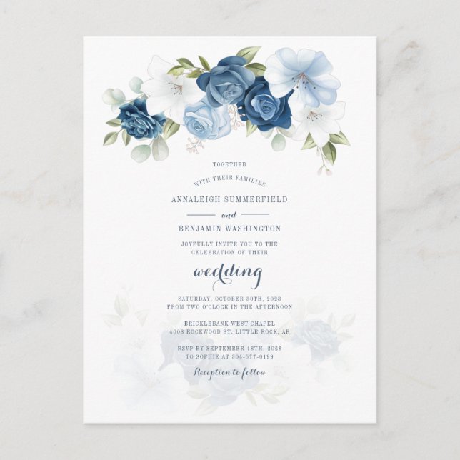 Modern Floral Botanical Dusty Blue Wedding Invitation Postcard (Front)