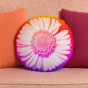Modern Floral Botanical Girly Cute Daisy Fun Neon Round Pillow