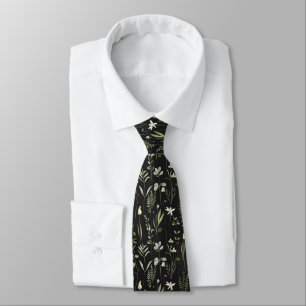 Modern Floral Botanical Green and Black Tie