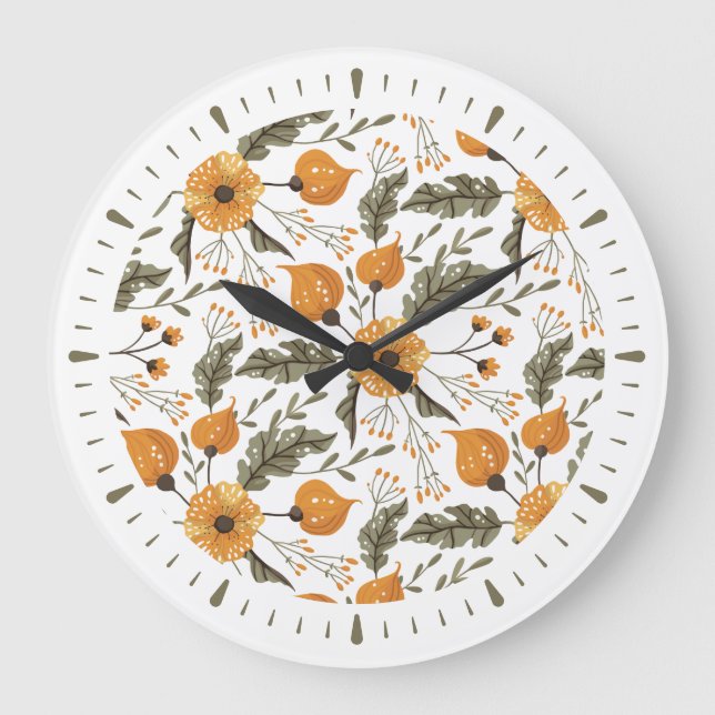Modern Floral Botanical Pattern Golden Green  Large Clock (Front)