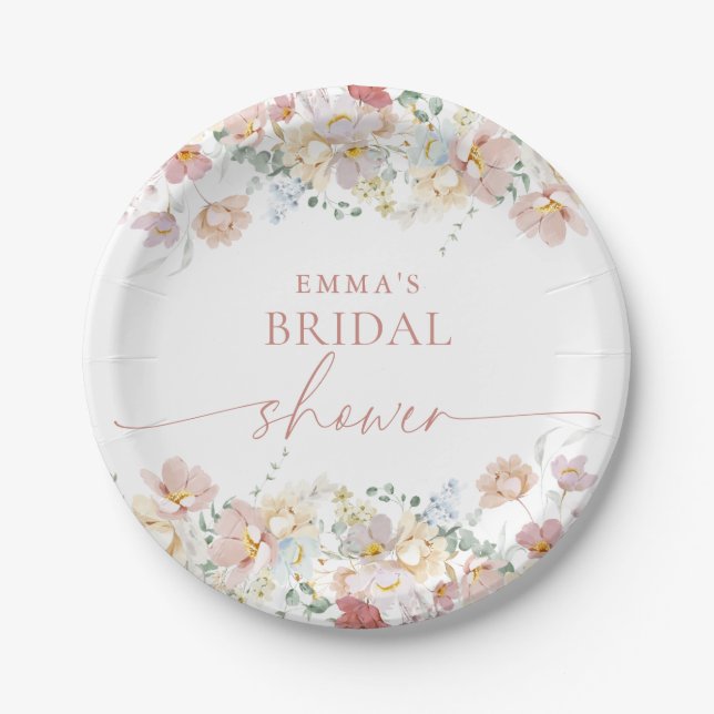 Modern Floral Bridal Shower Decor, Boho Wildflower Paper Plate (Front)