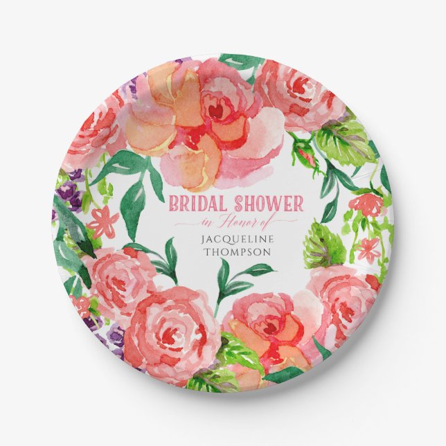 Modern Floral Bridal Shower Hot Pink Peach Coral Paper Plate (Front)