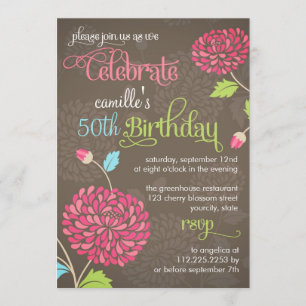 Modern Floral Brown & Pink Fancy Birthday Party Invitation