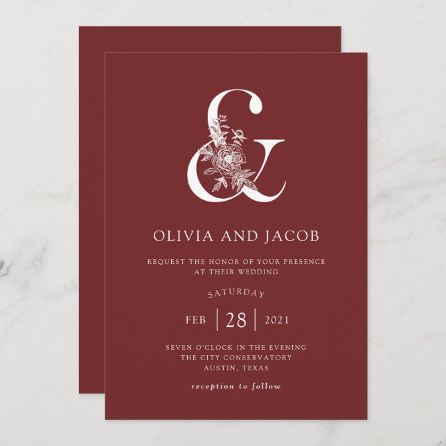 Modern Floral | Burgundy Ampersand Wedding Invitation (Front/Back)