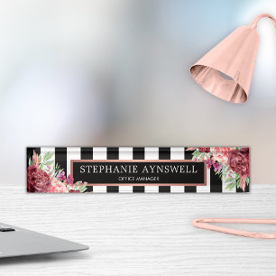 Modern Floral Burgundy Black White Stripes Nameplate