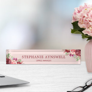 Modern Floral Burgundy Blush Watercolor Nameplate
