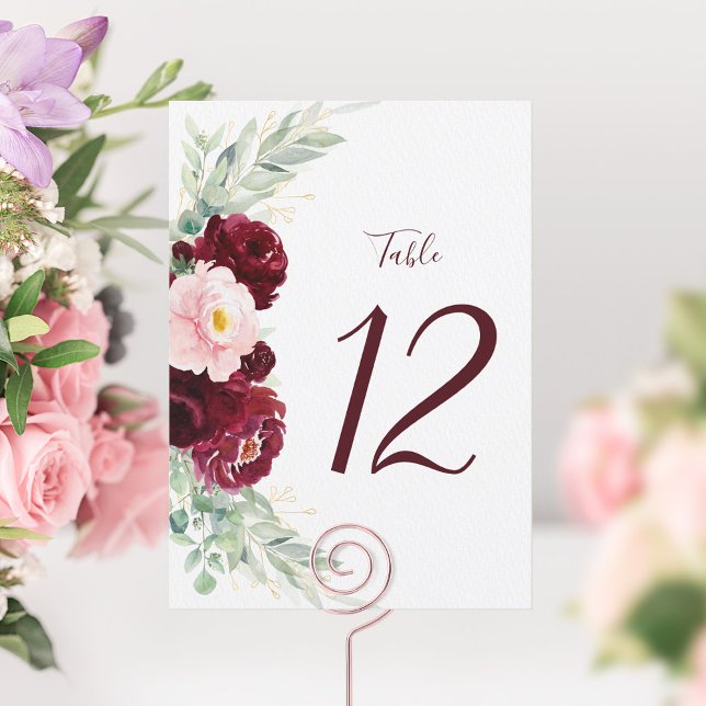 Modern Floral Burgundy Blush Wedding Table Number  (Creator Uploaded)