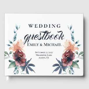 Modern Floral Burgundy Navy Peach Blush Guest Book