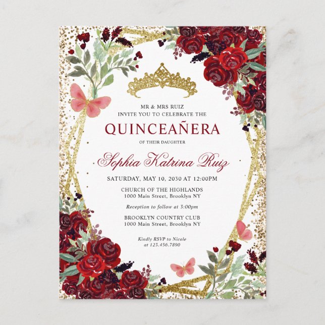 Modern Floral Burgundy Red Gold Tiara Quinceañera Postcard (Front)