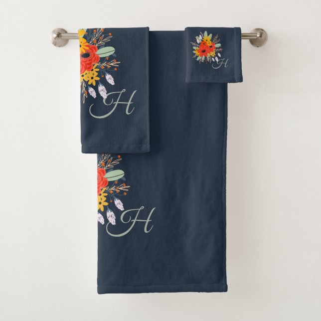 Modern Floral Burnt Orange Bouquet Monogram Blue  Bath Towel Set (Insitu)