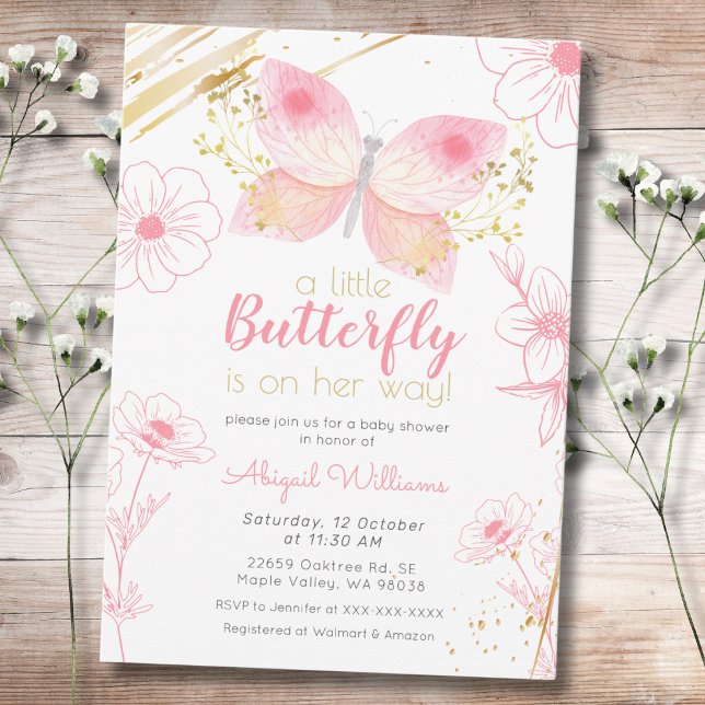 Modern Floral Butterfly Pink Gold Girl Baby Shower Invitation (Creator Uploaded)