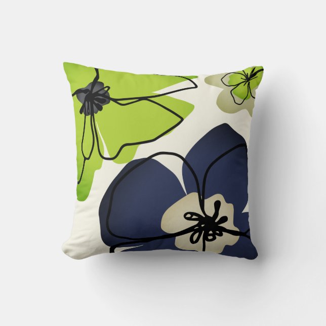 Modern Floral Chartreuse Navy Cream Flower Ivory Throw Pillow (Front)
