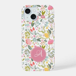 Modern floral chic blush pink monogrammed iPhone 15 case