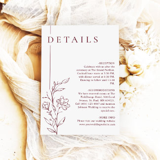 Modern Floral Chic Burgundy Wedding Details Enclosure Card