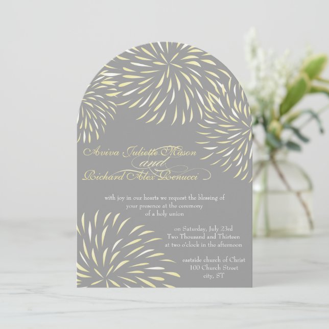 Modern Floral Chrysanthemum Grey and Yellow Invitation (Standing Front)
