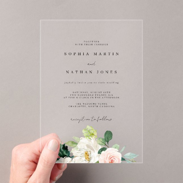 Modern Floral Clear Minimalist Wedding  Acrylic Invitations (Insitu (Handheld))