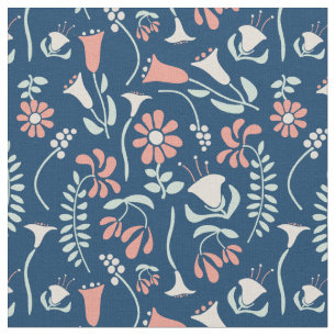 Modern Floral Coral, Navy, Mint Green Patterned Fabric