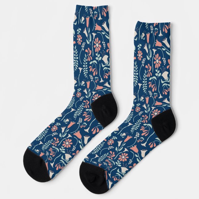 Modern Floral Coral, Navy, Mint Green Patterned Socks (Left)