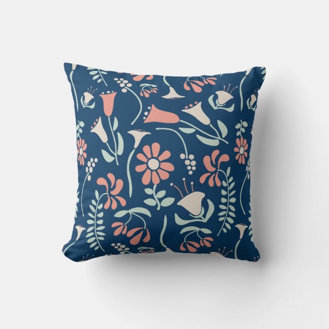 Modern Floral Coral, Navy, Mint Green Patterned Throw Pillow (Front)