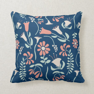 Modern Floral Coral, Navy, Mint Green Patterned Throw Pillow