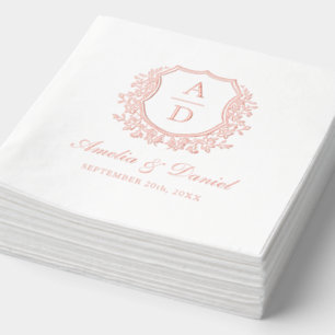 Modern Floral Crest Monogram Wedding Rose Gold Foil Napkins