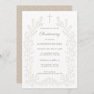 Modern Floral Cross Christening Baptism Invitation