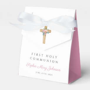 Modern Floral Cross Girl First Communion Favor Box