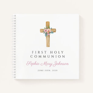Modern Floral Cross Girl First Communion Guestbook Notebook
