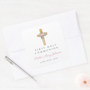 Modern Floral Cross Girl First Communion Square Sticker