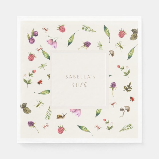 Modern Floral Custom Greenery Berries Insects Napkin (Front)