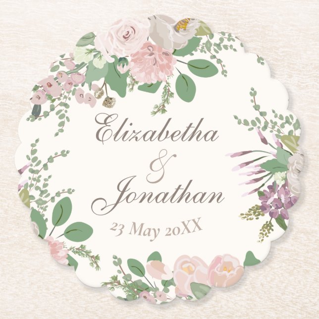 Modern floral custom wedding personalized paper coaster (Front)