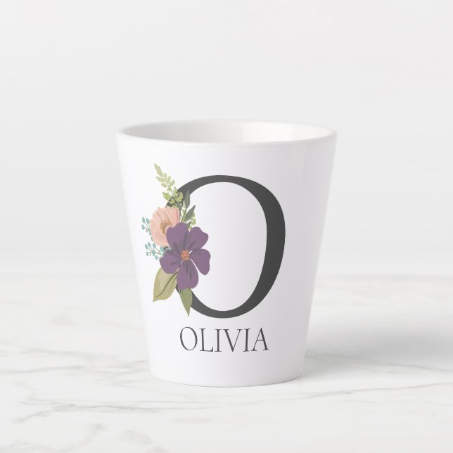 Modern Floral Customizable Monogrammed Letter O Latte Mug (Front)