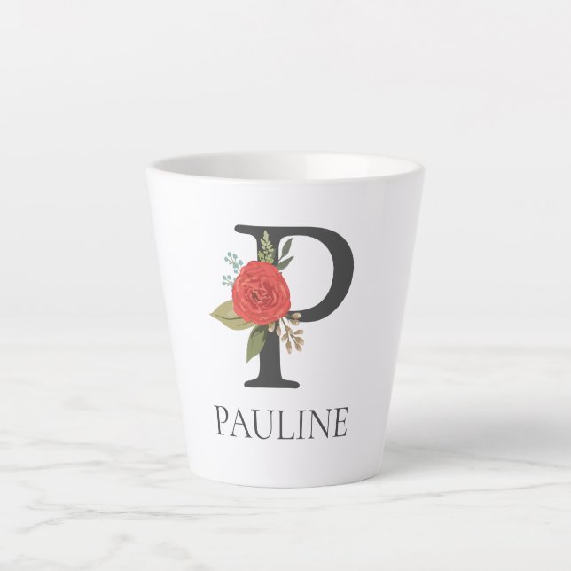 Modern Floral Customizable Monogrammed Letter P Latte Mug (Front)