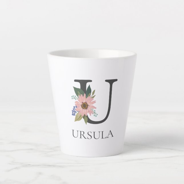 Modern Floral Customizable Monogrammed Letter U Latte Mug (Front)