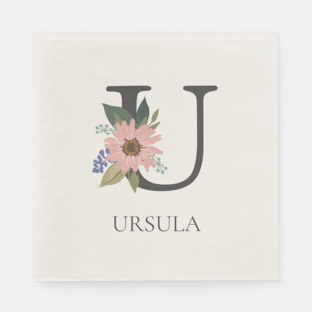 Modern Floral Customizable Monogrammed Letter U Napkin (Front)