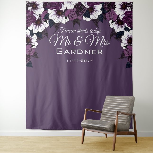 Modern Floral Dark Purple Photo Backdrop Wedding Tapestry (In Situ)
