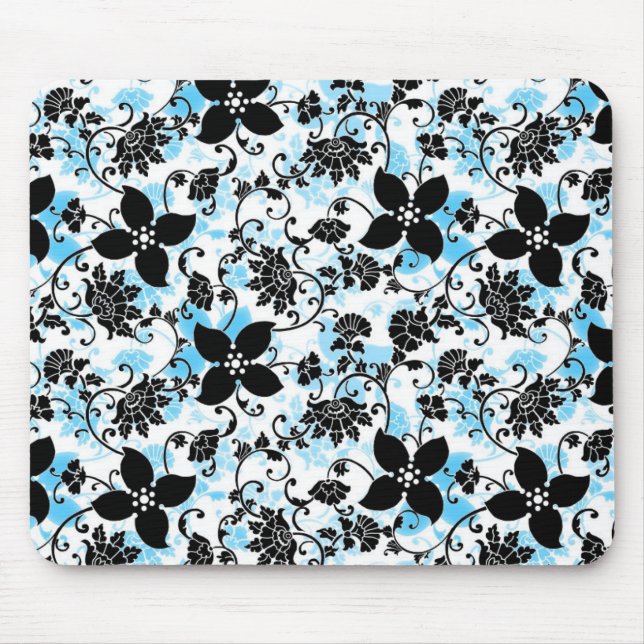 Modern Floral Design Mouse Pad - Black/Blue/White (Front)